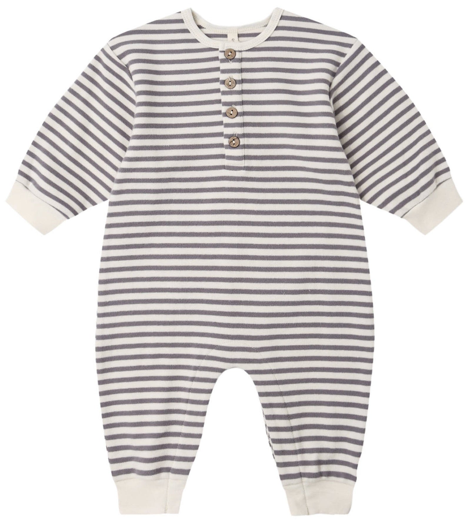 The Quincy Mae Baby Boys’ Relaxed Jumpsuit features cozy long sleeves, gray and white horizontal stripes, four chest buttons for easy dressing, and white cuffs at the sleeves, legs, and collar—making it perfect for quick diaper changes and a snug addition to your little one’s fall and winter wardrobe.