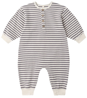 The Quincy Mae Baby Boys’ Relaxed Jumpsuit features cozy long sleeves, gray and white horizontal stripes, four chest buttons for easy dressing, and white cuffs at the sleeves, legs, and collar—making it perfect for quick diaper changes and a snug addition to your little one’s fall and winter wardrobe.