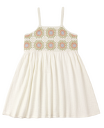 The Rylee & Cru Girls' Crochet Sundress features a white sleeveless design with thin straps, a crochet floral chest pattern, and a loose gathered skirt for vintage-inspired style.