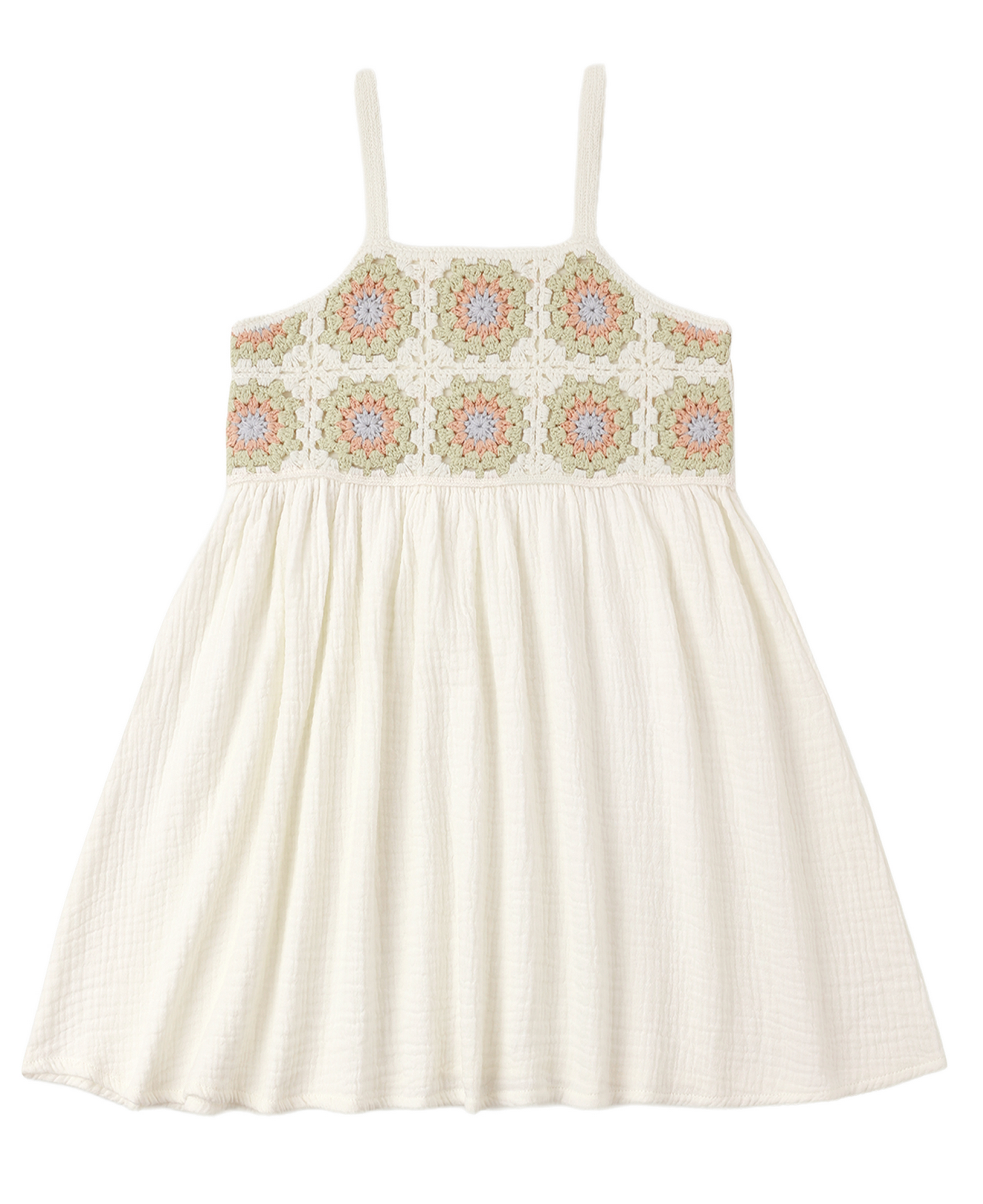 The Rylee & Cru Girls' Crochet Sundress features a white sleeveless design with thin straps, a crochet floral chest pattern, and a loose gathered skirt for vintage-inspired style.