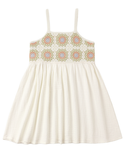 The Rylee & Cru Girls' Crochet Sundress features a white sleeveless design with thin straps, a crochet floral chest pattern, and a loose gathered skirt for vintage-inspired style.