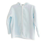A light blue fleece baby hooded jacket with a white front zipper, perfect as an after bath cover up, displayed against a white background.