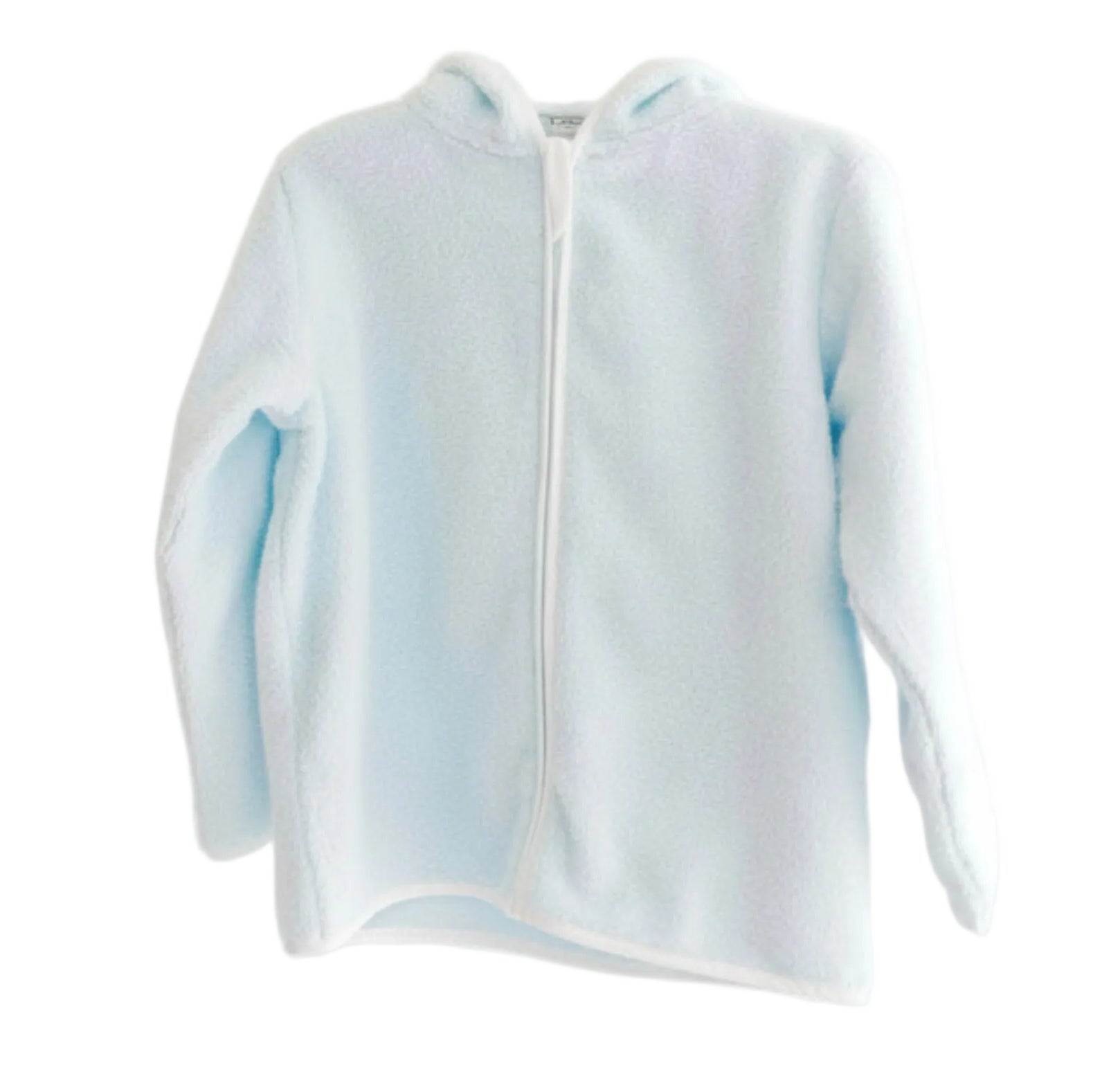 A light blue fleece baby hooded jacket with a white front zipper, perfect as an after bath cover up, displayed against a white background.