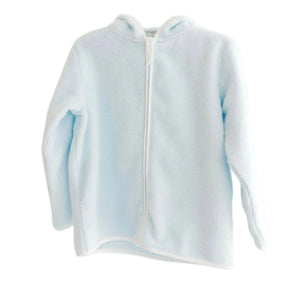 A light blue fleece baby hooded jacket with a white front zipper, perfect as an after bath cover up, displayed against a white background.