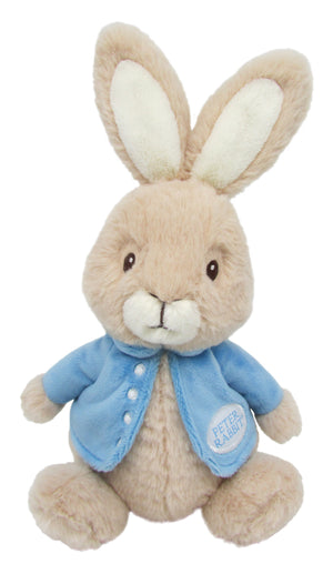 Kids Preferred Beatrix Potter - Peter Rabbit Beanbag Plush features a beige rabbit in a blue "Peter Rabbit" jacket, inspired by the classic tale, sitting upright against a white background.