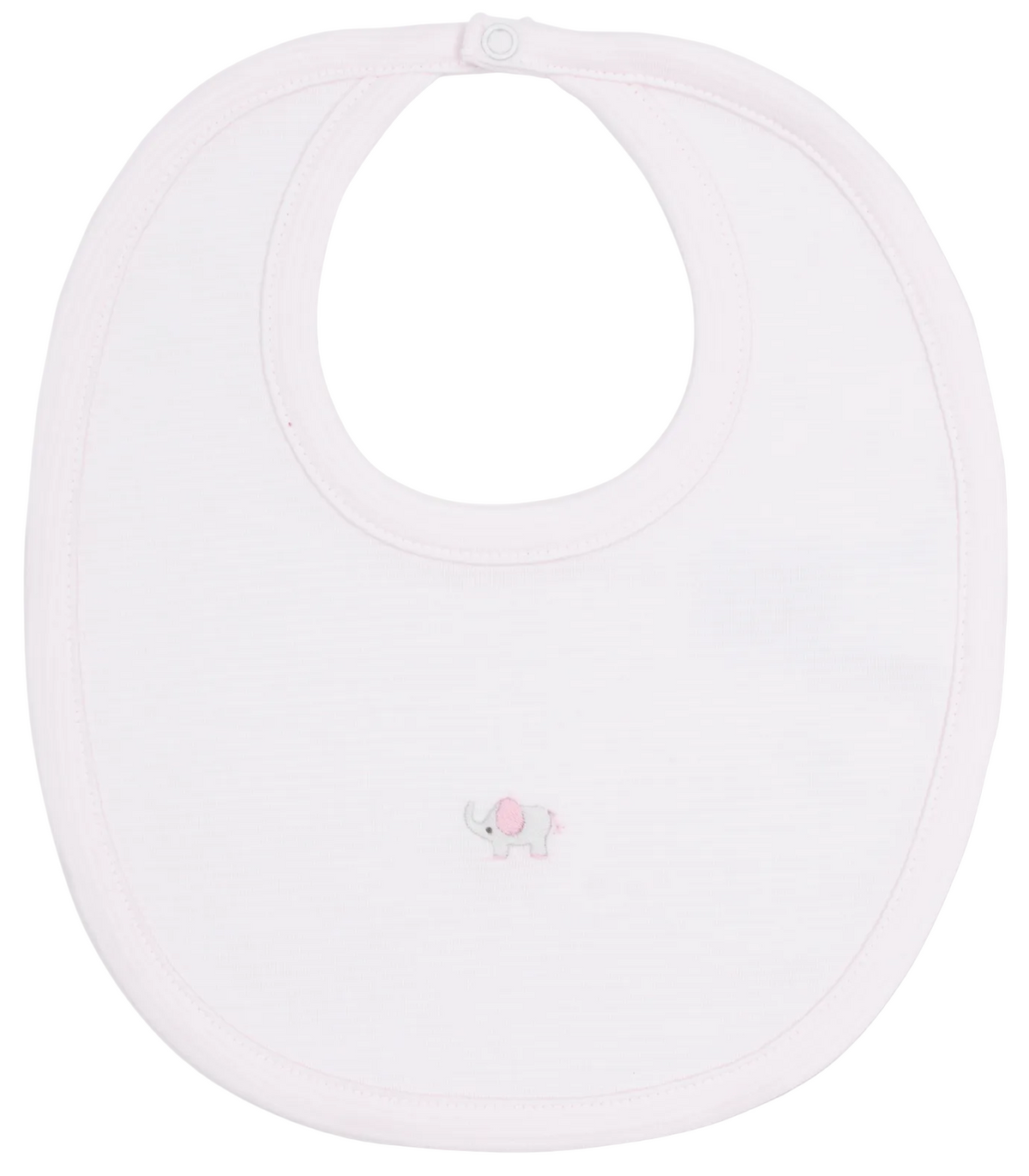 A white striped baby bib by Kissy Kissy, named the SCE Jungle Hang Out Hand Emb. Striped Bib, crafted from soft Peruvian cotton and featuring hand-embroidered pink and gray elephant detailing at the center, with a convenient snap closure at the neck.