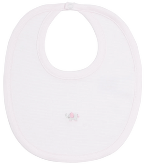 A white striped baby bib by Kissy Kissy, named the SCE Jungle Hang Out Hand Emb. Striped Bib, crafted from soft Peruvian cotton and featuring hand-embroidered pink and gray elephant detailing at the center, with a convenient snap closure at the neck.