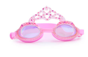 Bling2O Kids’ Crown Swim Goggles in pink feature a tiara decoration with jewel-like accents, anti-fog lenses, and UV protection, displayed on a white background.