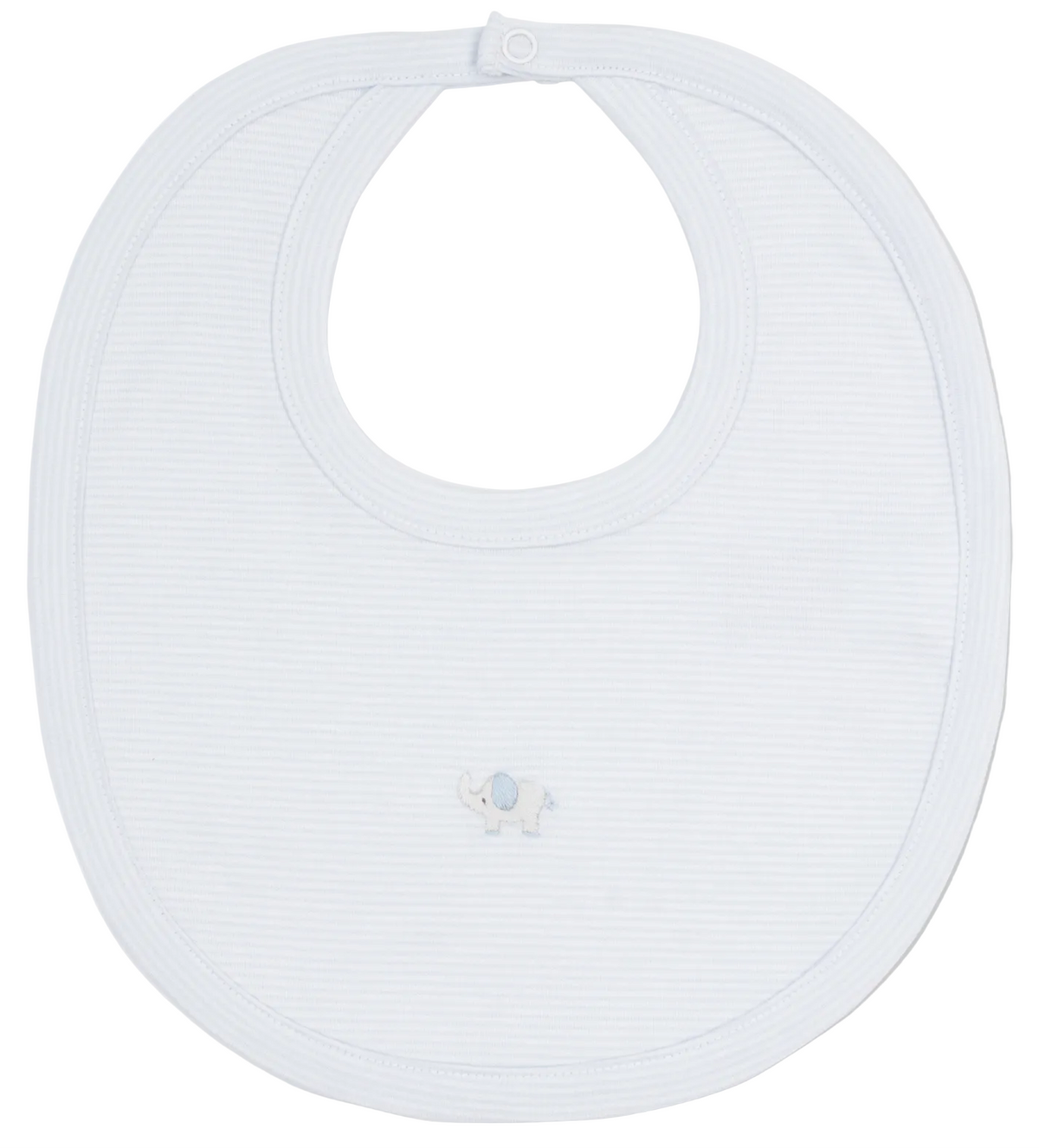 The Kissy Kissy SCE Jungle Hang Out Hand Emb. Striped Bib is a light blue baby bib crafted from ultra-soft Peruvian cotton, accented with delicate hand embroidery of an elephant at the bottom center and designed with a secure snap closure at the neck.