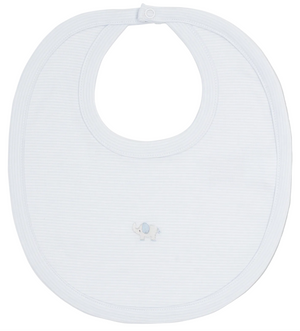 The Kissy Kissy SCE Jungle Hang Out Hand Emb. Striped Bib is a light blue baby bib crafted from ultra-soft Peruvian cotton, accented with delicate hand embroidery of an elephant at the bottom center and designed with a secure snap closure at the neck.