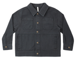 The Rylee & Cru Baby Boys’ and Boys’ Chore Coat is a plain black denim jacket featuring a classic collar, two chest pockets, button front closure, and long sleeves—shown laid flat on a white background. It’s an ideal layering piece for any wardrobe.