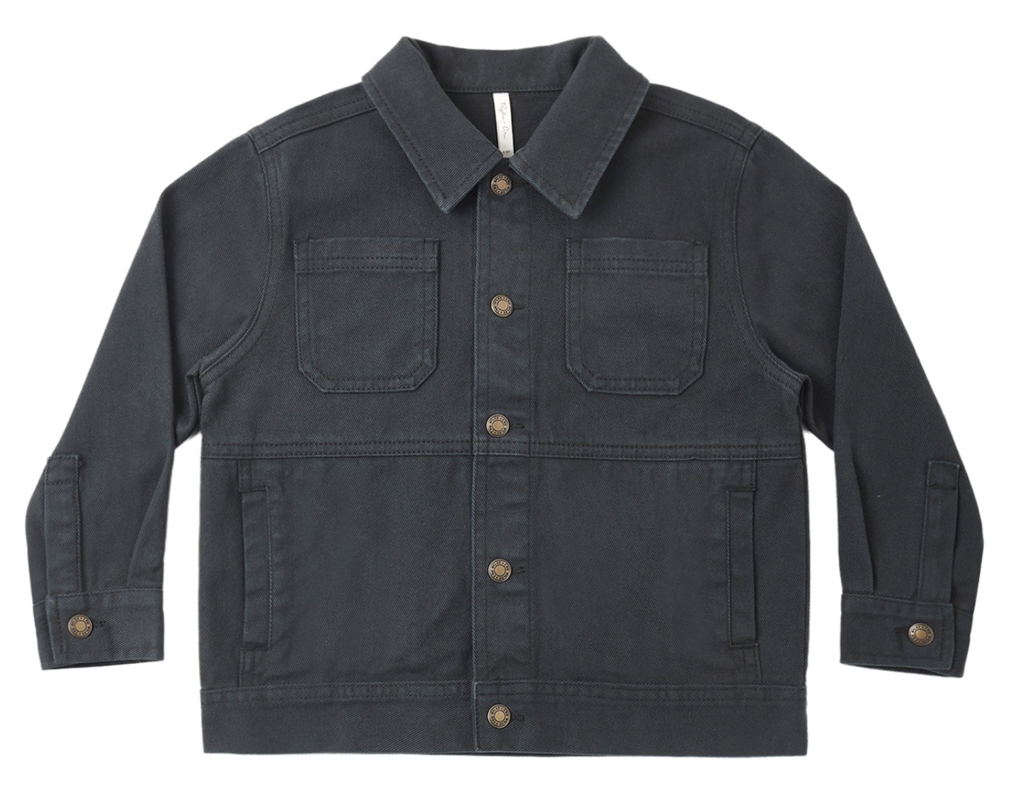 The Rylee & Cru Baby Boys’ and Boys’ Chore Coat is a plain black denim jacket featuring a classic collar, two chest pockets, button front closure, and long sleeves—shown laid flat on a white background. It’s an ideal layering piece for any wardrobe.