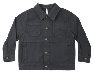 The Rylee & Cru Baby Boys’ and Boys’ Chore Coat is a plain black denim jacket featuring a classic collar, two chest pockets, button front closure, and long sleeves—shown laid flat on a white background. It’s an ideal layering piece for any wardrobe.