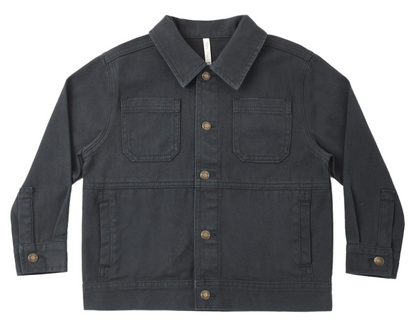 The Rylee & Cru Baby Boys’ and Boys’ Chore Coat is a plain black denim jacket featuring a classic collar, two chest pockets, button front closure, and long sleeves—shown laid flat on a white background. It’s an ideal layering piece for any wardrobe.