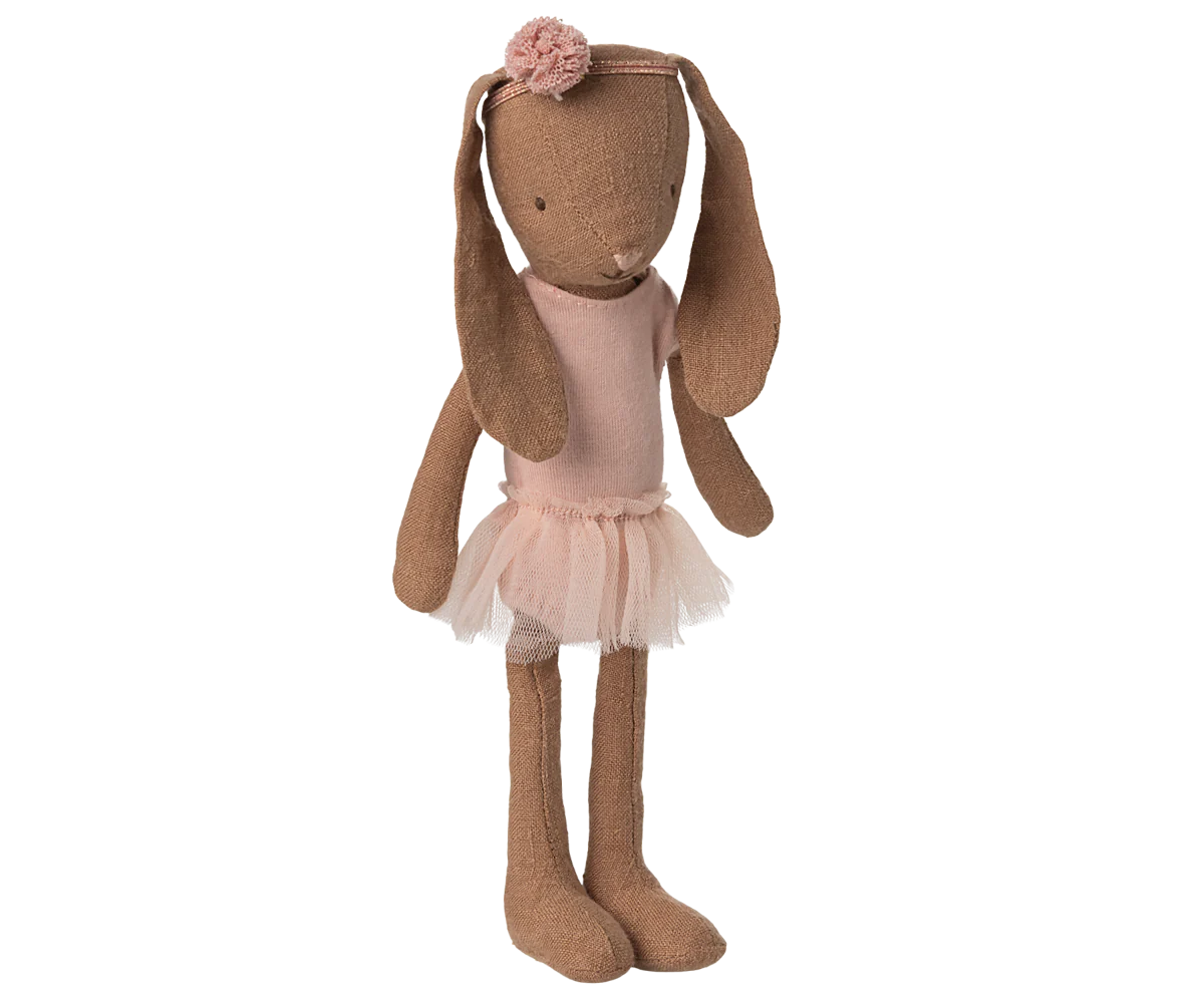 Maileg MAIL Bunny size 1 in Chocolate Brown, wearing a Ballet Suit and Skirt Rose, stands upright against a plain white background.
