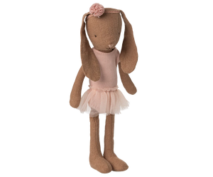 Maileg MAIL Bunny size 1 in Chocolate Brown, wearing a Ballet Suit and Skirt Rose, stands upright against a plain white background.