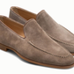 A pair of Magnanni Lecera Loafer in light brown suede, featuring venetian apron toe, stitching details, and tan leather lining.