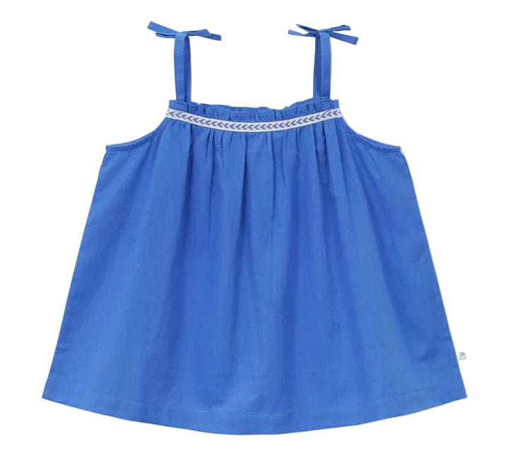 The Girls' Solid Voile Strap Top by Arsene & Les Pipelettes features shoulder tie straps and a decorative white trim across the top, crafted from breathable organic cotton voile for an effortlessly light and airy summer feel.