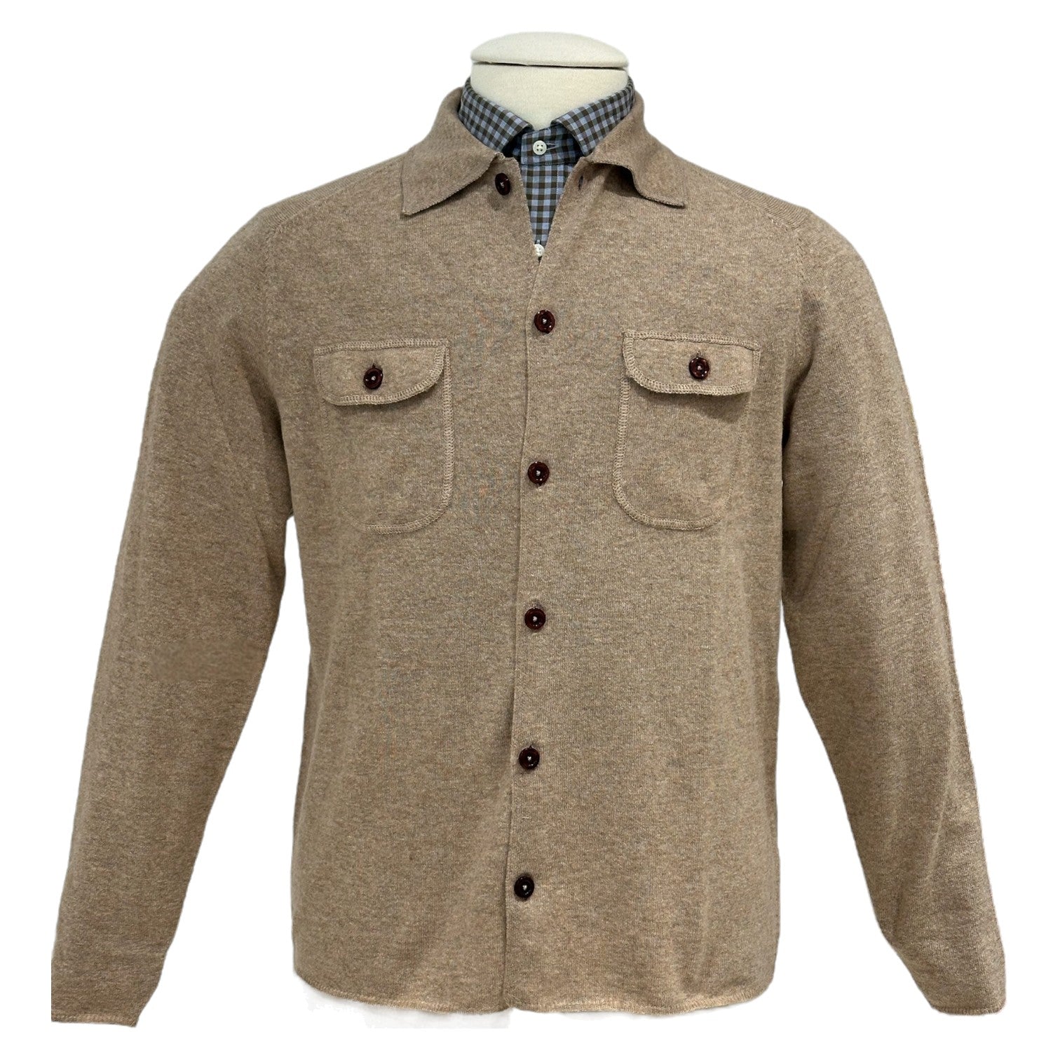 The Alan Paine Tore Cardigan with Pockets in beige, styled over a blue and white checkered collared shirt, offers a versatile layering option and is displayed on a mannequin.