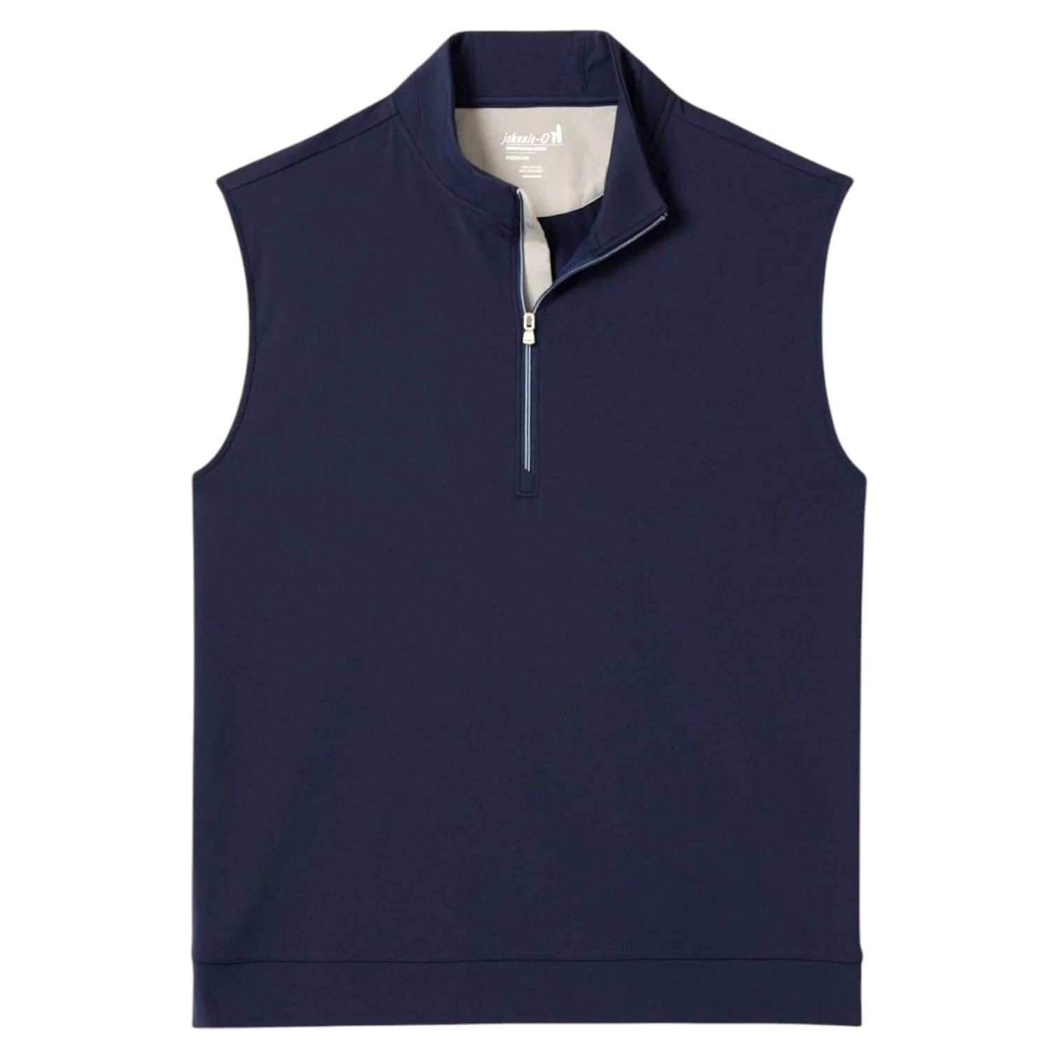 The Johnnie-O Torque Vest is a sleeveless navy quarter-zip with a stand-up collar, made from dri-comfort nylon for superior moisture wicking. Shown laid flat on white, it’s a versatile layering piece for any season.