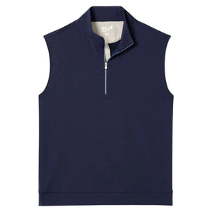 The Johnnie-O Torque Vest is a sleeveless navy quarter-zip with a stand-up collar, made from dri-comfort nylon for superior moisture wicking. Shown laid flat on white, it’s a versatile layering piece for any season.