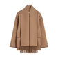The Toteme Embroidered Scarf Jacket is a camel wool-blend coat with front patch pockets and a fringed, attached scarf, crafted according to the Responsible Wool Standard.