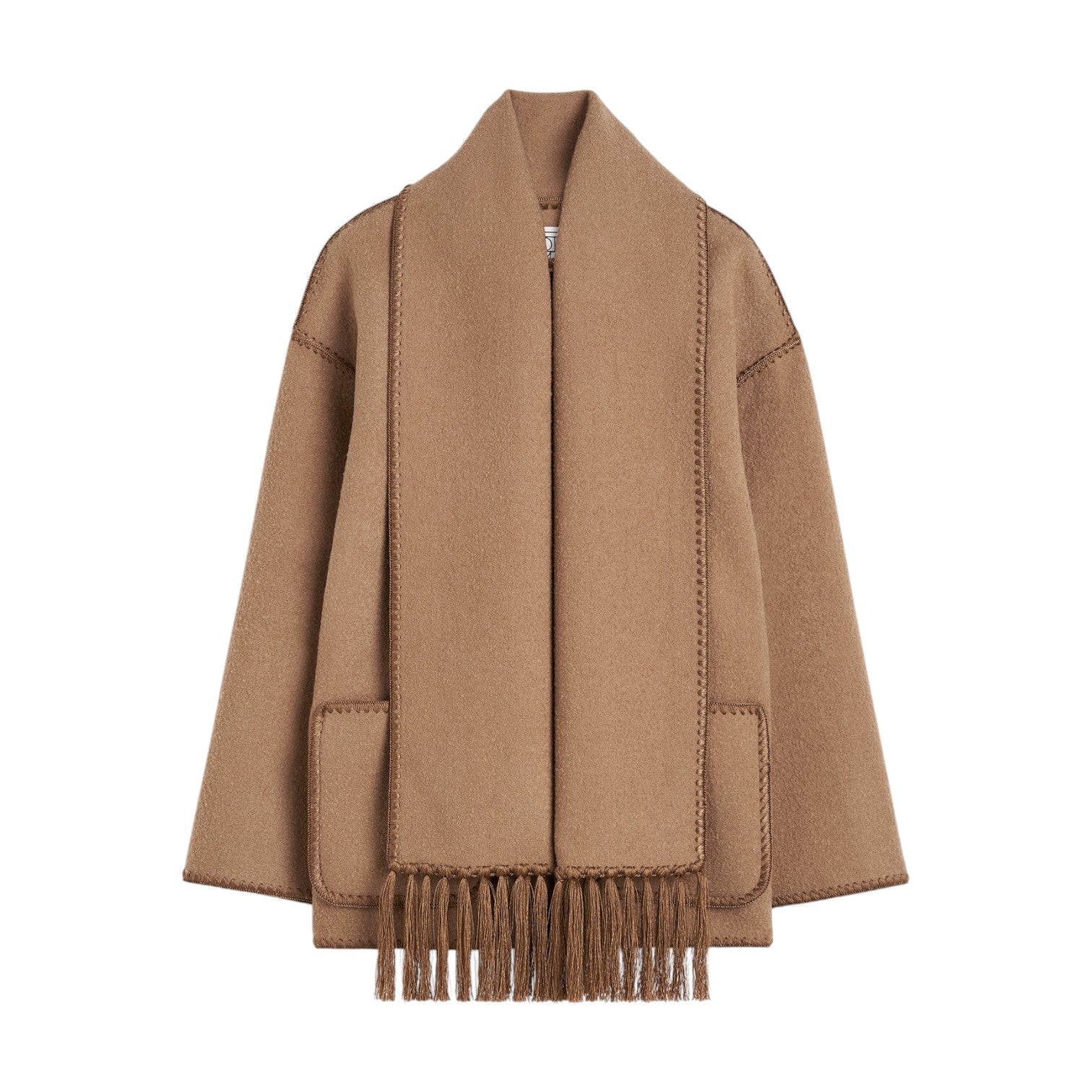 The Toteme Embroidered Scarf Jacket is a camel wool-blend coat with front patch pockets and a fringed, attached scarf, crafted according to the Responsible Wool Standard.