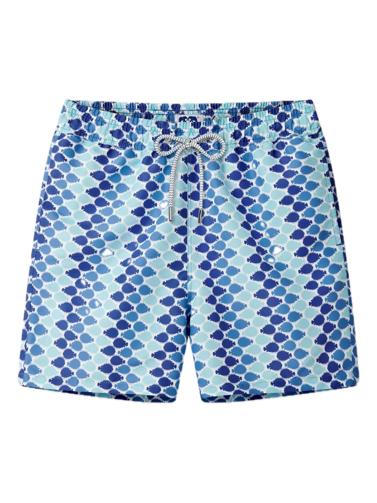 The Staniel Swim Trunk by Love Brand features a geometric pattern in shades of blue and white, along with an elastic waistband and a white drawstring. Crafted from quick-dry swimwear fabric, these comfortable trunks keep you cool and confident throughout the day.