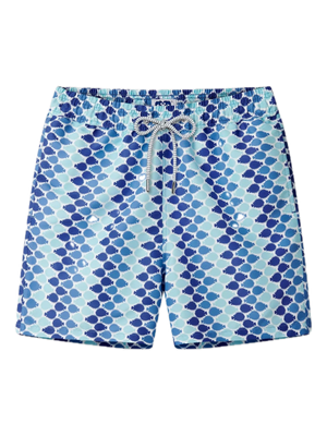 The Staniel Swim Trunk by Love Brand features a geometric pattern in shades of blue and white, along with an elastic waistband and a white drawstring. Crafted from quick-dry swimwear fabric, these comfortable trunks keep you cool and confident throughout the day.
