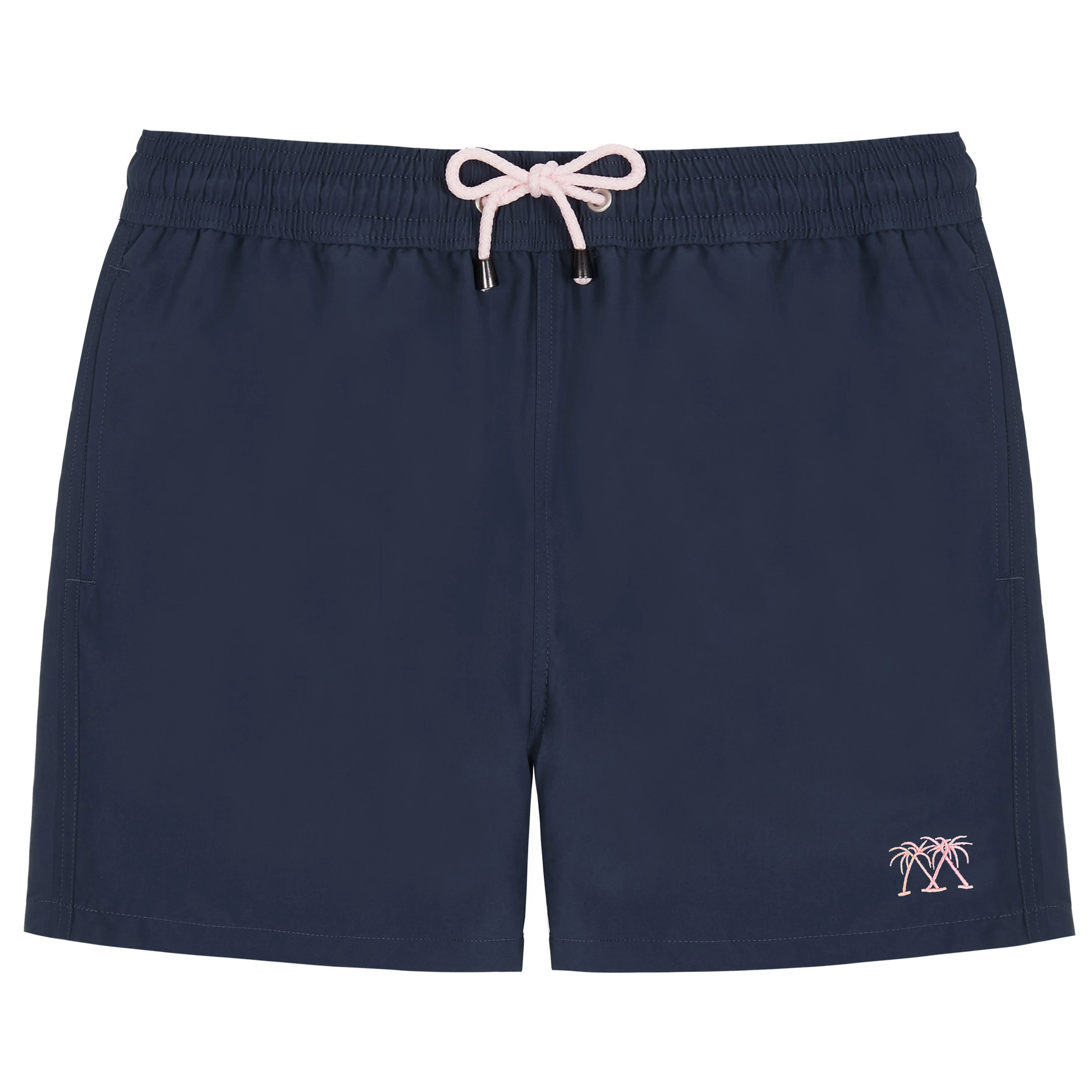 The Mens Plain Trunks by Pink House Mustique are navy blue swim shorts designed with an elastic waistband, a light pink drawstring, and a small pink palm tree graphic on the lower left leg. Combining convenience and style, these trunks also feature a secure Velcro back pocket for your essentials.