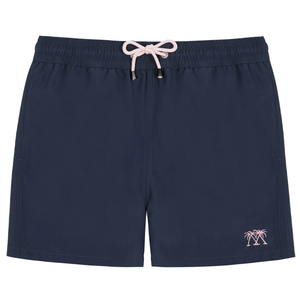The Mens Plain Trunks by Pink House Mustique are navy blue swim shorts designed with an elastic waistband, a light pink drawstring, and a small pink palm tree graphic on the lower left leg. Combining convenience and style, these trunks also feature a secure Velcro back pocket for your essentials.