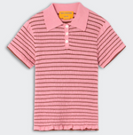The Smocked Shrunken Polo by Guest in Residence features pink smocked stripe fabric, a slim fit, short sleeves, horizontal brown stripes, and a three-button placket.