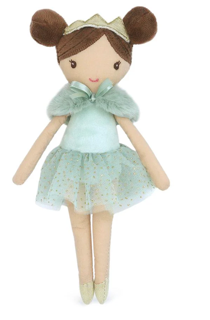 Introducing the Mon Ami Joelle Princess Pocket Doll, featuring brown hair styled in two buns, a green crown, a light blue dress with a tulle skirt, a fur capelet, and green shoes—perfect for imaginative play and classic styling.