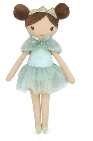 Introducing the Mon Ami Joelle Princess Pocket Doll, featuring brown hair styled in two buns, a green crown, a light blue dress with a tulle skirt, a fur capelet, and green shoes—perfect for imaginative play and classic styling.