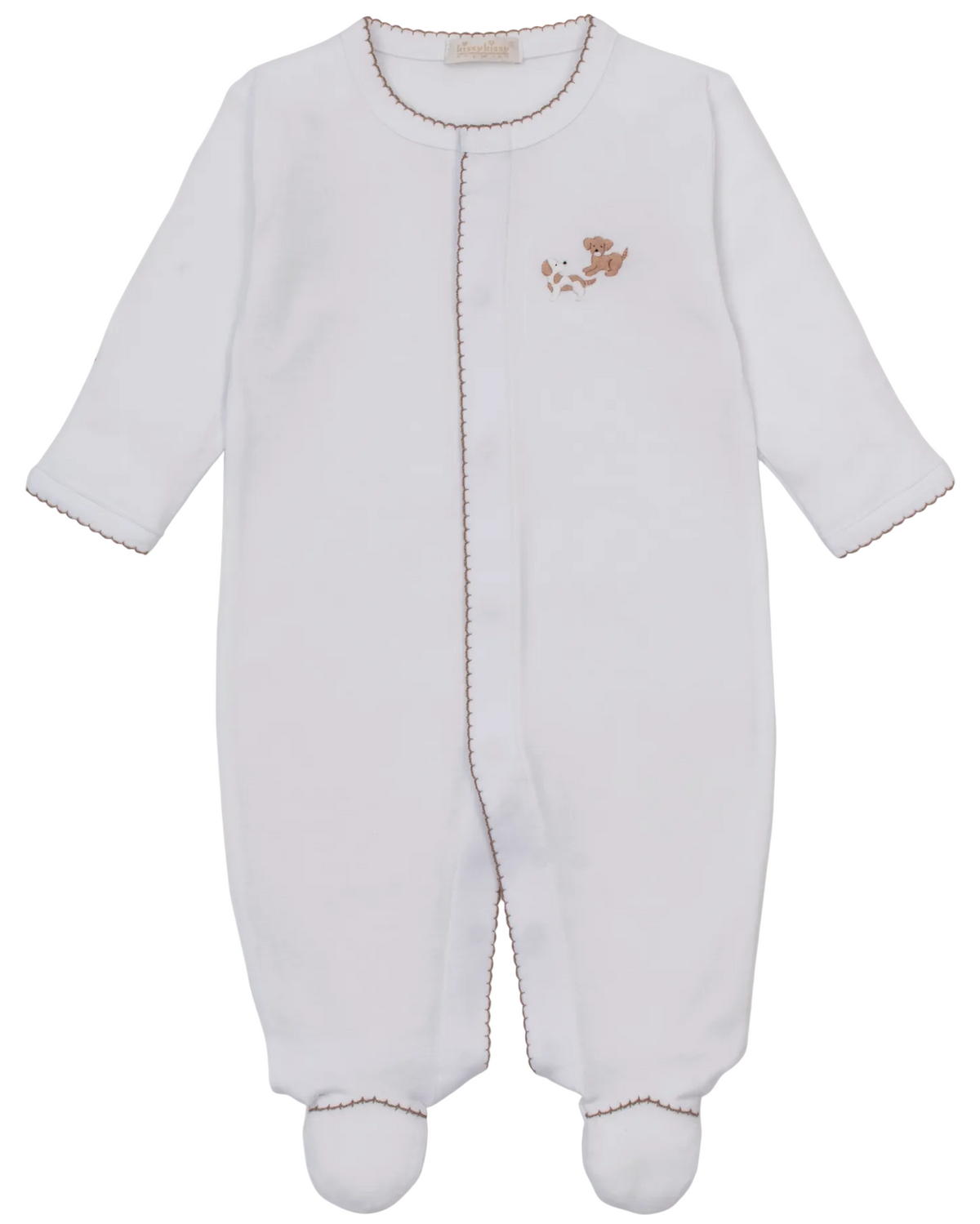 The Kissy Kissy Baby Premier Puppy Paws Hand Emb. Footie is a white long-sleeve onesie from the Puppy Paws Collection, made with soft Peruvian cotton and detailed with brown stitching and a small brown embroidered bear on the chest.