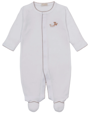 The Kissy Kissy Baby Premier Puppy Paws Hand Emb. Footie is a white long-sleeve onesie from the Puppy Paws Collection, made with soft Peruvian cotton and detailed with brown stitching and a small brown embroidered bear on the chest.