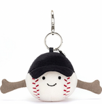 A Jellycat Amuseables Sports Baseball Bag Charm shaped like a smiling baseball wearing a black cap with beige bat-shaped arms sticking out from the sides, perfect for any baseball fan.