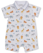 Dress your little one in the Kissy Kissy Baby Boys’ Jungle Hang Out Short Printed Playsuit, a white collared romper featuring short sleeves and playful, colorful prints of lions, giraffes, elephants, zebras, turtles, and cheetahs.