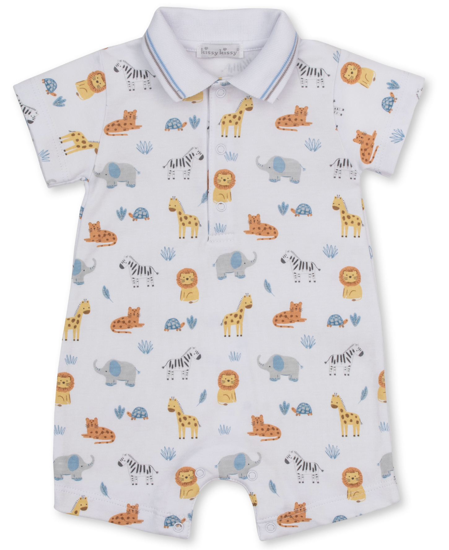 Dress your little one in the Kissy Kissy Baby Boys’ Jungle Hang Out Short Printed Playsuit, a white collared romper featuring short sleeves and playful, colorful prints of lions, giraffes, elephants, zebras, turtles, and cheetahs.