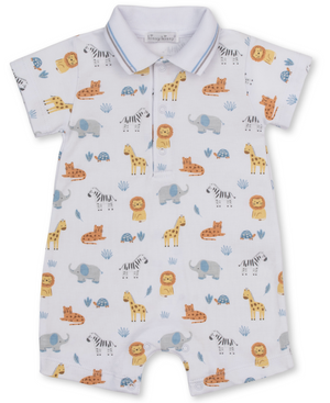 Dress your little one in the Kissy Kissy Baby Boys’ Jungle Hang Out Short Printed Playsuit, a white collared romper featuring short sleeves and playful, colorful prints of lions, giraffes, elephants, zebras, turtles, and cheetahs.