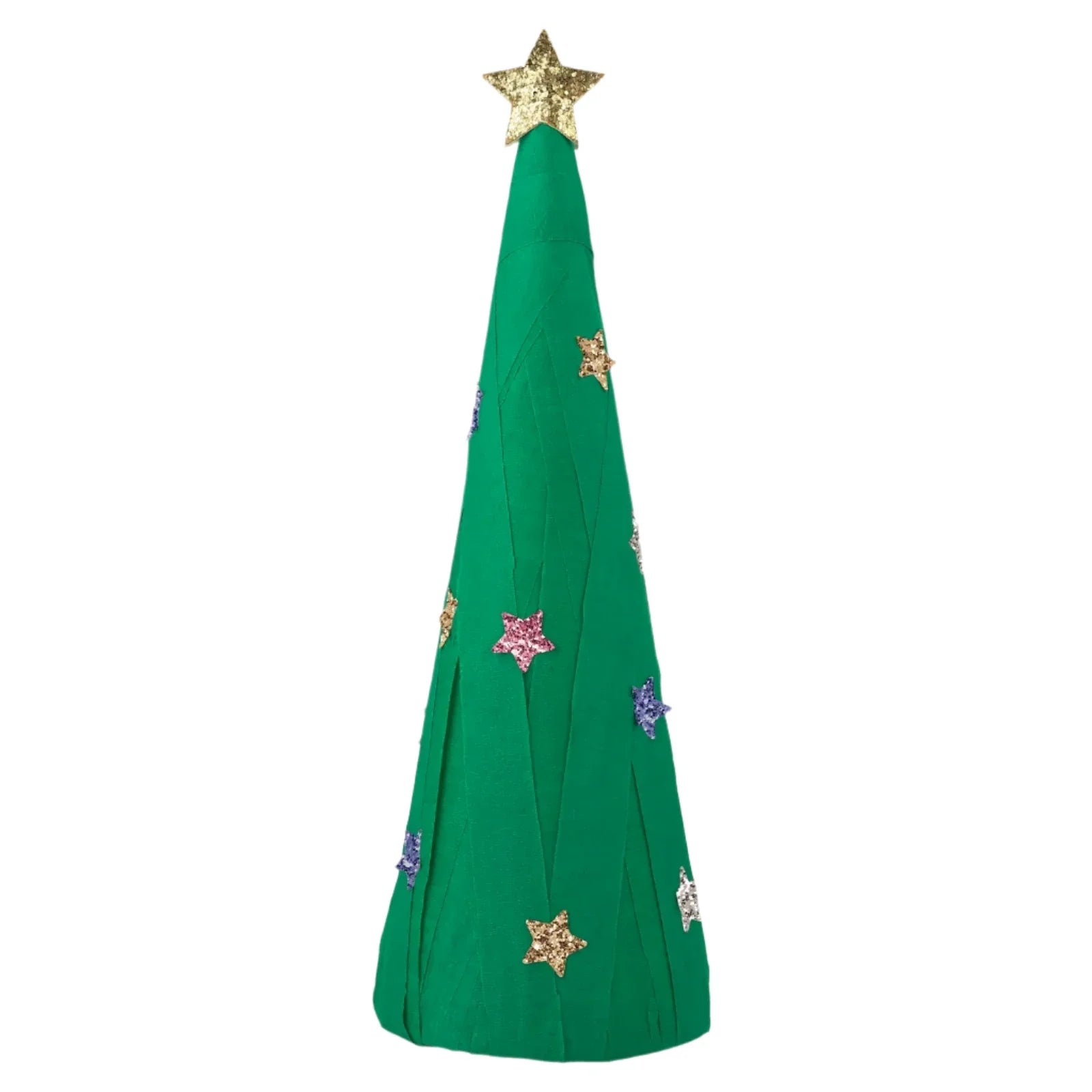 The Meri Meri Surprise Christmas Tree is a festive green cone featuring a gold star on top, embellished with colorful glitter stars to brighten up any room.