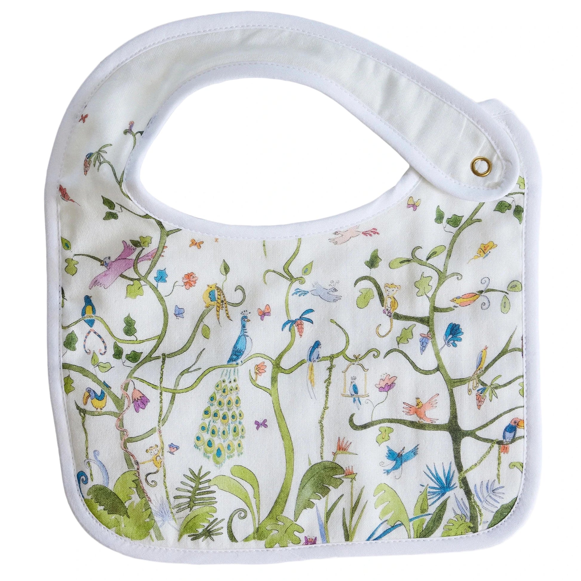 The Perfect Bib by Timo & Violet is a white muslin bib with a colorful, nature-inspired design of birds, vines, leaves, and flowers, secured with a metal snap button.