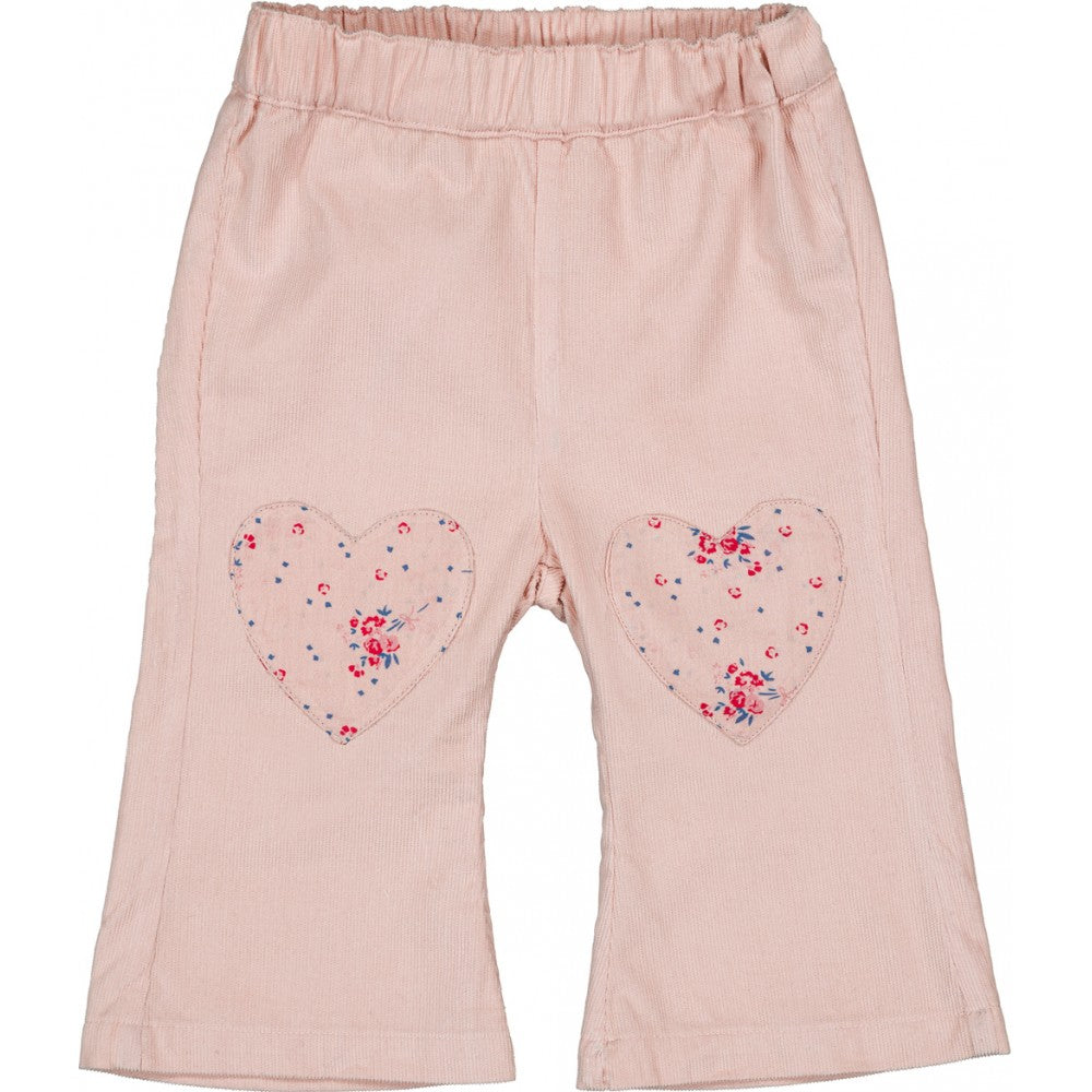 Louis Louise Baby Girls' Holly Corduroy Trousers: light pink flared jeans for children, featuring an elastic waistband and two heart-shaped floral knee patches.
