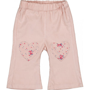 Louis Louise Baby Girls' Holly Corduroy Trousers: light pink flared jeans for children, featuring an elastic waistband and two heart-shaped floral knee patches.