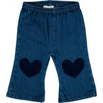 Louis Louise Baby Girls' and Girls' Holly Denim Trousers feature an elastic waistband and two dark heart-shaped knee patches.