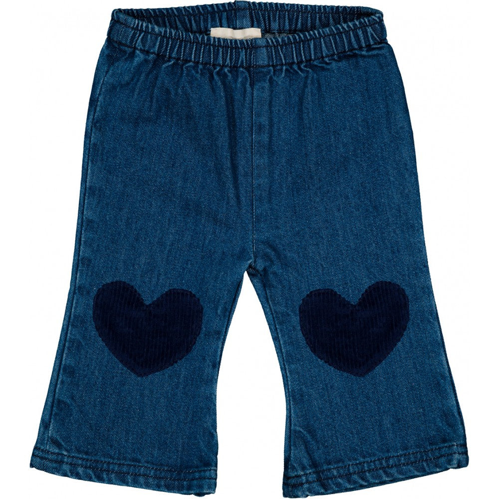 Louis Louise Baby Girls' and Girls' Holly Denim Trousers feature an elastic waistband and two dark heart-shaped knee patches.