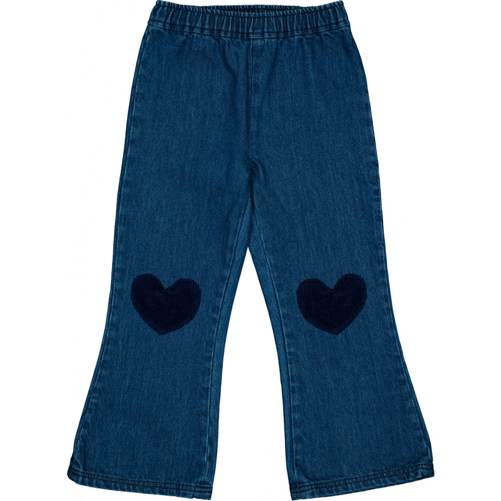 Louis Louise Baby Girls' and Girls' Holly Denim Trousers feature an elastic waistband and dark blue heart-shaped knee patches, displayed flat on a white background.