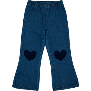 Louis Louise Baby Girls' and Girls' Holly Denim Trousers feature an elastic waistband and dark blue heart-shaped knee patches, displayed flat on a white background.