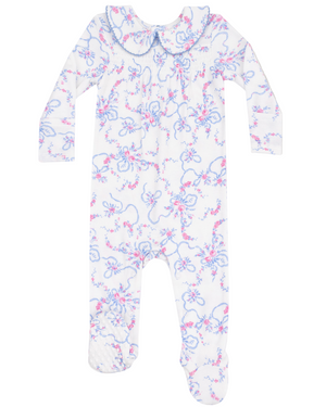 The Angel Dear Baby Girls' Smocked Peter Pan Snap Footie features long sleeves, footed legs, a white base with pink and blue floral print, and an elegant Peter Pan collar for a charming look.