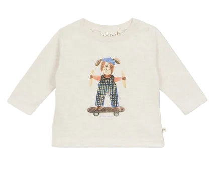 The Arsene & Les Pipelettes Baby Boys’ Skating Dog T-Shirt is a long-sleeve white cotton tee featuring a printed illustration of a dog in overalls and a blue hat, riding a skateboard.